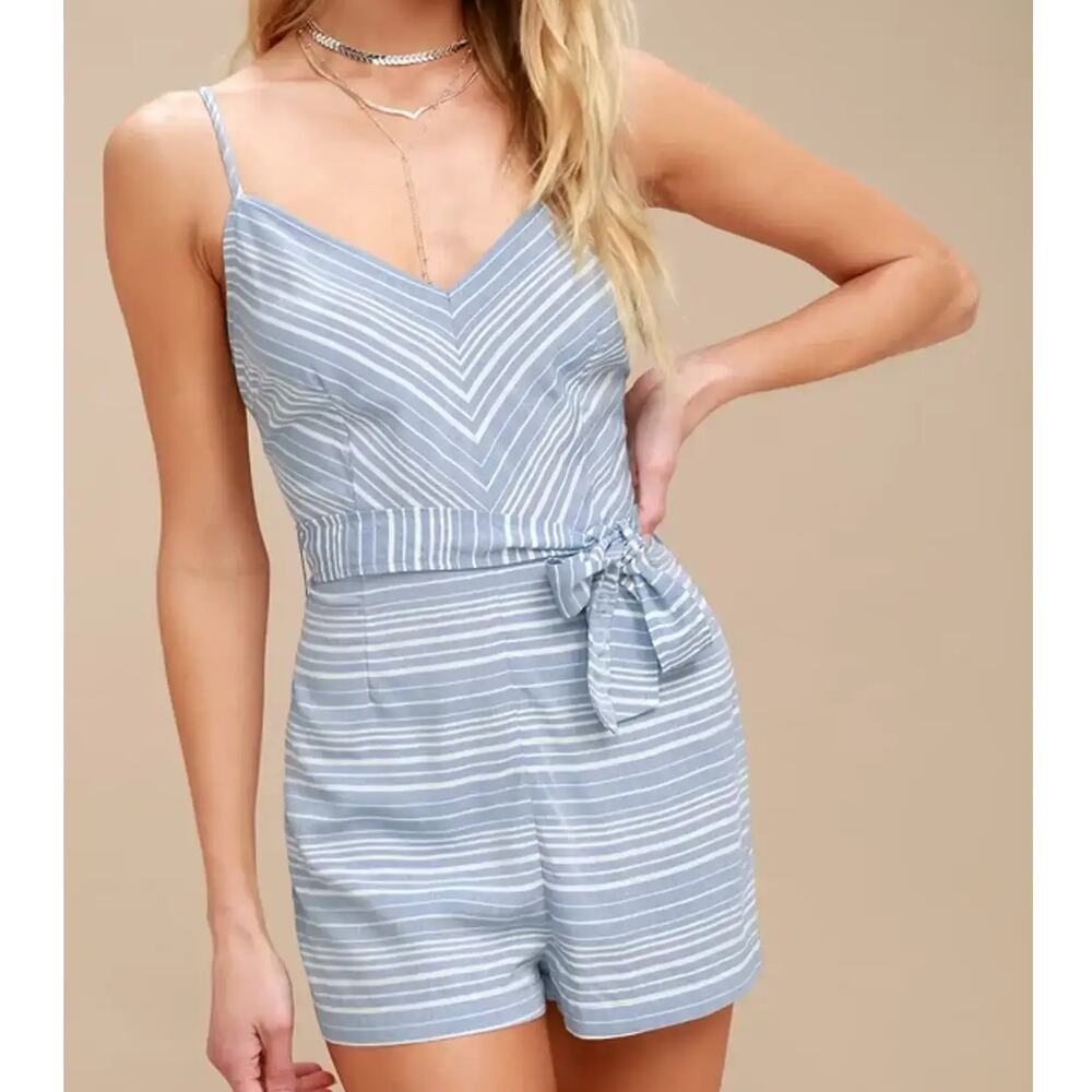 BB Dakota Womens Romper Striped Chambray Blue V Neck Summer Shorts‎ 8 Medium